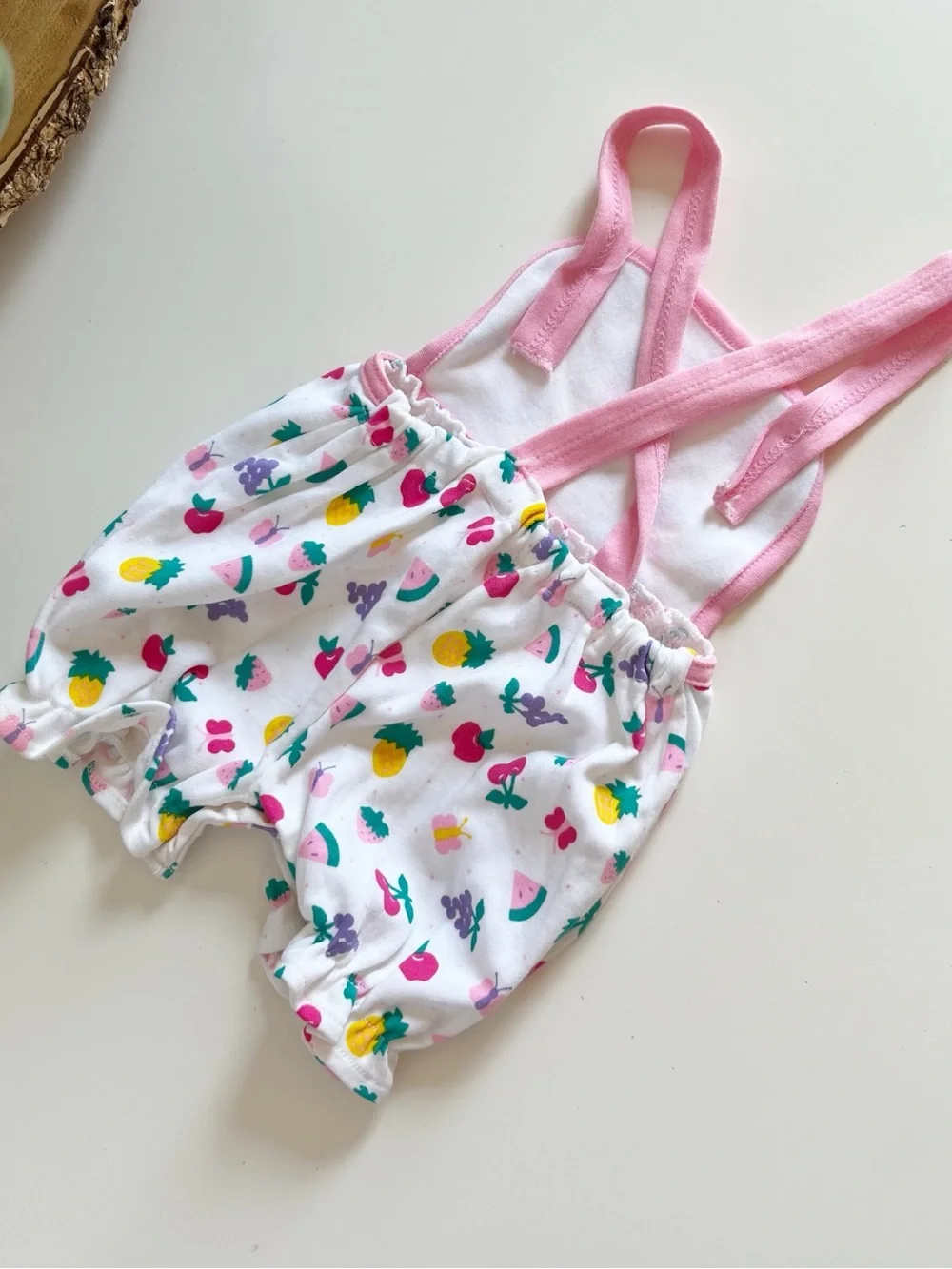 Vintage Toddletime Fruit Overall Bubble Romper & Cardigan 2 Piece Set | 6-9m